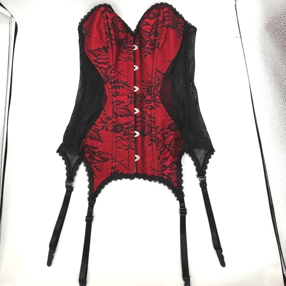 Adore Me Red Black Lace Garter Corset Sweetheart Busk Front XS LIN-CO-09771-COR View 4